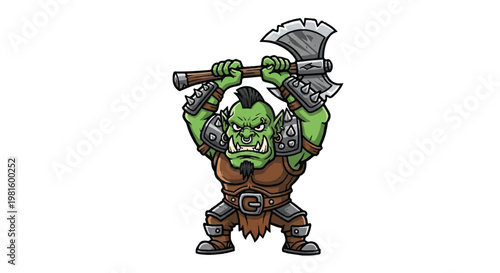 Cartoon orc character with axe raised overhead