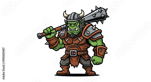 Cartoon orc warrior with club illustration for fantasy design