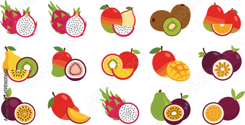 Colorful tropical fruit collection vector set featuring mixed whole and sliced fruits including dragon fruit kiwi mango and citrus isolated background