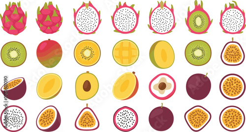 Exotic tropical fruit collection vector set featuring dragon fruit kiwi mango passion fruit and assorted sliced fruits isolated on transparent background