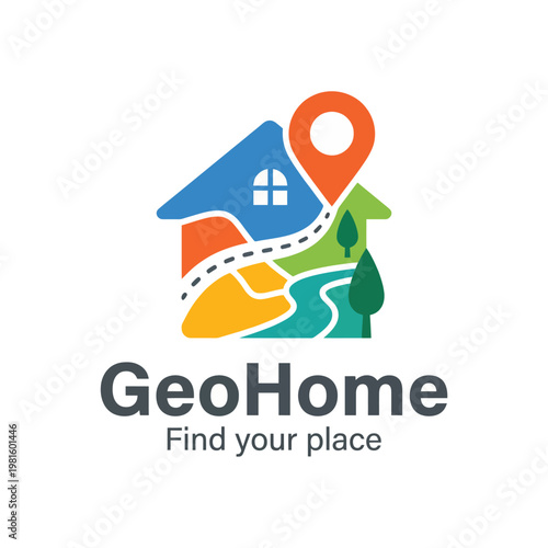 The image showcases a colorful logo design for GeoHome, representing home and location with a house, road, and tree, symbolizing belonging and discovery in real estate.