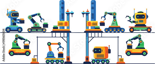 Industrial robots work on assembly line in a factory producing machinery
