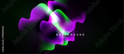 Abstract fluid shapes, vibrant purple, green hues. Dynamic composition over dark background. Modern design element.
