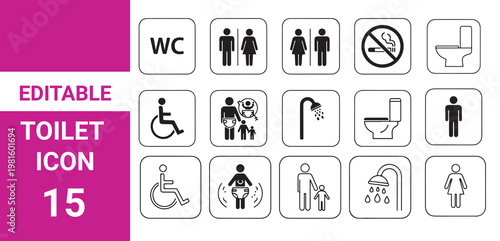 Toilet icon set. WC sign. Washroom,Toilet icons set, common male female restroom, handicap wheelchair access, 