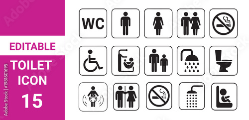 Toilet icon set. WC sign. Washroom,Toilet icons set, common male female restroom, handicap wheelchair access, 