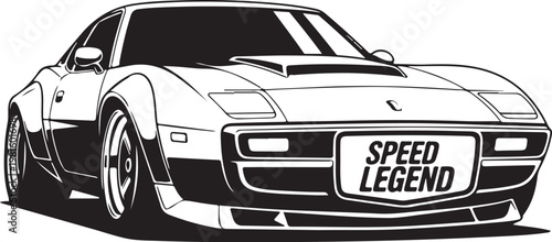 Speed Legend sports car, vector illustration, black and white, racing design, automotive graphic