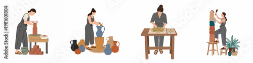 Set of illustrations featuring a female ceramic artist working on various pottery projects, from wheel-throwing and glazing to carving and large-scale sculpture.