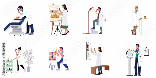 Set of professional dermatologists and trichologists using medical equipment for skin and hair examination in various clinical settings.