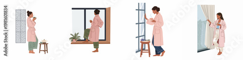 Collection of flat vector illustrations of a woman in a pink bathrobe enjoying a peaceful morning at home by a window on a rainy day.