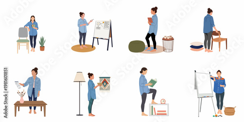 Set of flat vector illustrations featuring a female interior designer or home stager organizing, decorating, and presenting ideas in a home office setting.