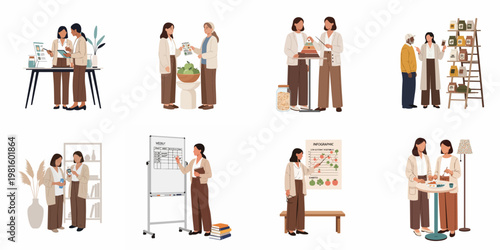 Set of flat vector illustrations depicting nutritionists and dietitians providing healthy eating advice, meal planning, and dietary consultations to clients.