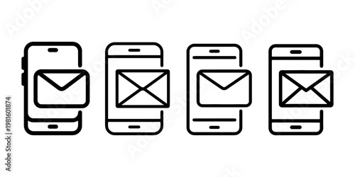 Smartphone email notification icon set representing mobile messaging and digital communication technology for online marketing or social media interaction