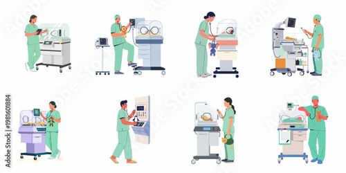 Medical professionals caring for premature babies in incubators at a neonatal intensive care unit.