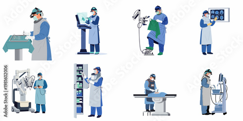 Surgeons in various professional scenarios performing modern medical procedures, using robotic technology, and analyzing diagnostic scans in an operating room setting.