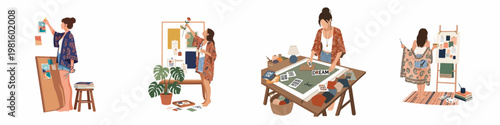 Set of four illustrations showing creative women working on mood boards, arts, and crafts projects in their home studio environment.