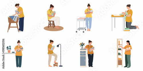 Collection of illustrations showing a nurse or midwife providing care, holding, and swaddling a newborn baby in various medical and domestic environments.