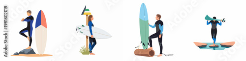 Set of flat vector illustrations featuring surfers in wetsuits with surfboards, exploring beach landscapes and preparing for water sports activities.