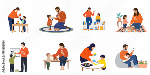 Collection of illustrations showing parents and educators teaching young children with flashcards and toys for early development and home learning.