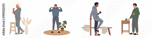 Flat vector illustration set of diverse men wearing comfortable loungewear, hoodies, and sweatpants while relaxing in various cozy home environments.