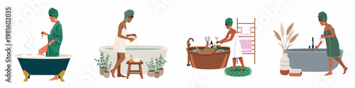 Set of illustrations depicting women preparing relaxing baths with aromatherapy oils, flowers, and candles for a luxurious home spa experience.