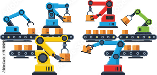 Robotic assembly line workers move boxes on a factory production line with industrial machinery.
