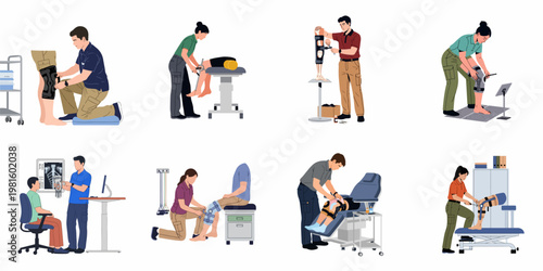 Set of vector illustrations showing medical professionals fitting, adjusting, and measuring orthopedic knee braces and prosthetic legs for patients in clinical settings.