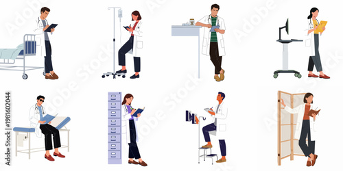 Set of diverse healthcare professionals in white coats performing various medical duties in clinical and hospital environments, illustrated in a modern flat style.