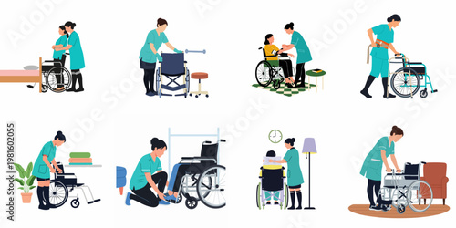 Flat vector illustrations of professional caregivers and nurses assisting patients in wheelchairs in various healthcare and home care settings.