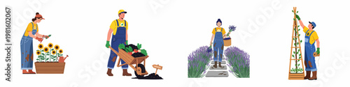 Collection of flat illustrations depicting gardeners performing various tasks like pruning flowers, moving soil, harvesting lavender, and training climbing plants on trellises.