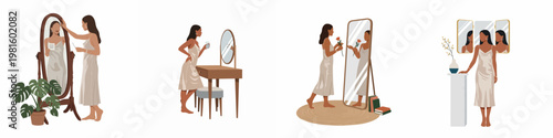 Collection of minimalist flat illustrations depicting a woman in a slip dress at home, posing in front of mirrors for a morning self-care routine.