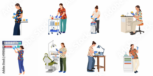 Set of flat illustrations showing female dental assistants and technicians performing various tasks in a dental clinic and laboratory setting.