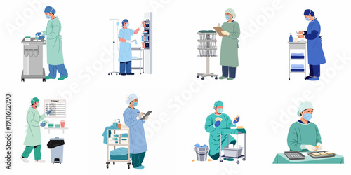 Flat illustration set of medical professionals in surgical scrubs performing duties such as preparing instruments, counting supplies, and documenting hospital procedures.