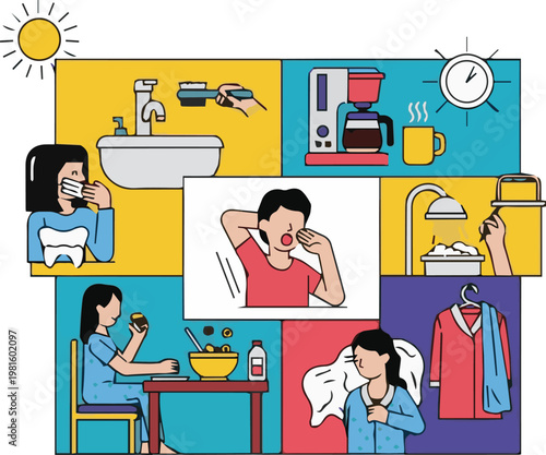 Woman experiences various morning routines with sickness symptoms