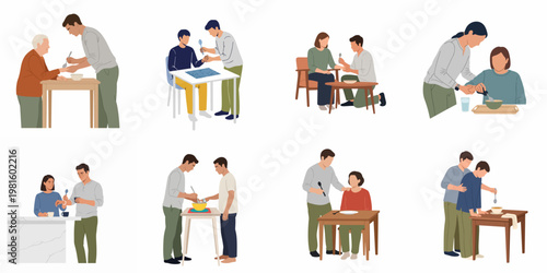 Vector illustration set showing professional or family caregivers assisting elderly and disabled individuals with eating, drinking, and meal preparation.