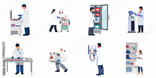 Set of illustrations showing laboratory scientists and technicians working in a blood bank and medical research facility.