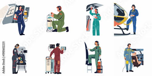 Collection of air ambulance medical crew, flight paramedics, and nurses performing emergency tasks and equipment checks around helicopters in a flat illustration style.