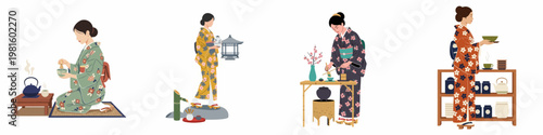 A set of flat illustrations depicting Japanese women in traditional kimonos performing the ceremonial preparation and serving of matcha green tea.