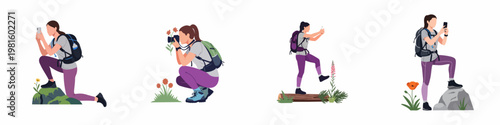 Set of female hiker character illustrations taking photos of nature with smartphone and camera, flat vector style on white background.