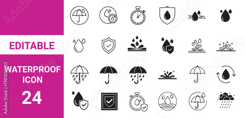 Waterproof vector line icon set. Contains linear outline icons like Water Protection,