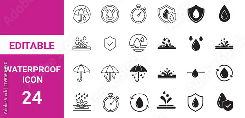 Waterproof vector line icon set. Contains linear outline icons like Water Protection,