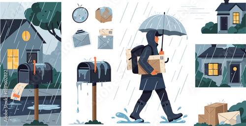 Rainy Day Delivery Service Set Featuring Postman with Umbrella, Wet Mailboxes, and Packages for Weather, Logistics, and E-Commerce Themed Designs, Vector Illustration