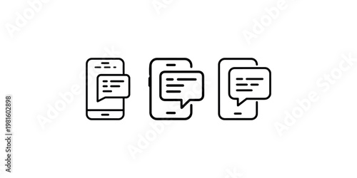 Smartphone messaging icons with chat speech bubbles in line art style for mobile communication app design and social networking interface symbols concept