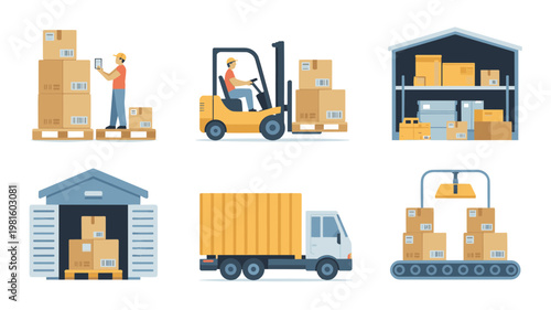 Warehouse Cargo Handling Semi-Flat Illustration Set Storage, Packing, and Logistics Scenes