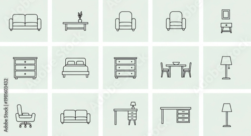 Collection of simple line art icons representing furniture and home decor items.