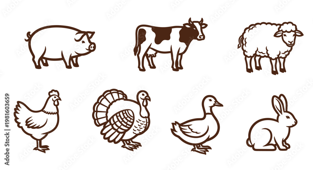 Obraz premium Farm Animals Line Art Collection