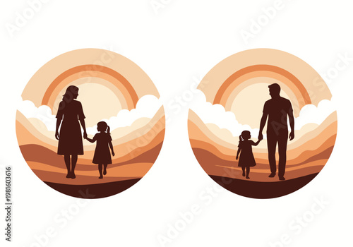 Silhouette Vector of Mother with Daughter and Father with Daughter Walking Outdoors at Sunset, Family Bond and Parenthood Concept Illustration in Circular Frames