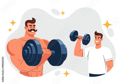 Strong Bodybuilder and Fit Man Lifting Dumbbells - Fitness Motivation and Strength Training Vector Illustration