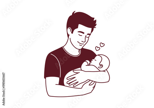 Minimalist Line Art Illustration of a Loving Father Holding His Newborn Baby - Fatherhood and Parenting Concept