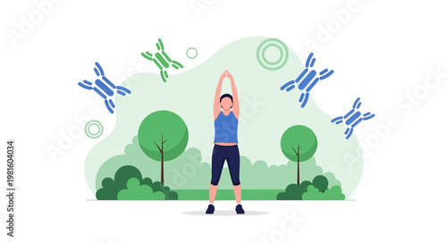 Person doing arm stretches outdoors with drones flying around