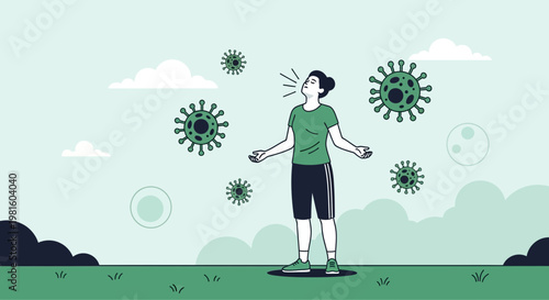 Person coughing outdoors surrounded by virus particles, representing illness and contagion